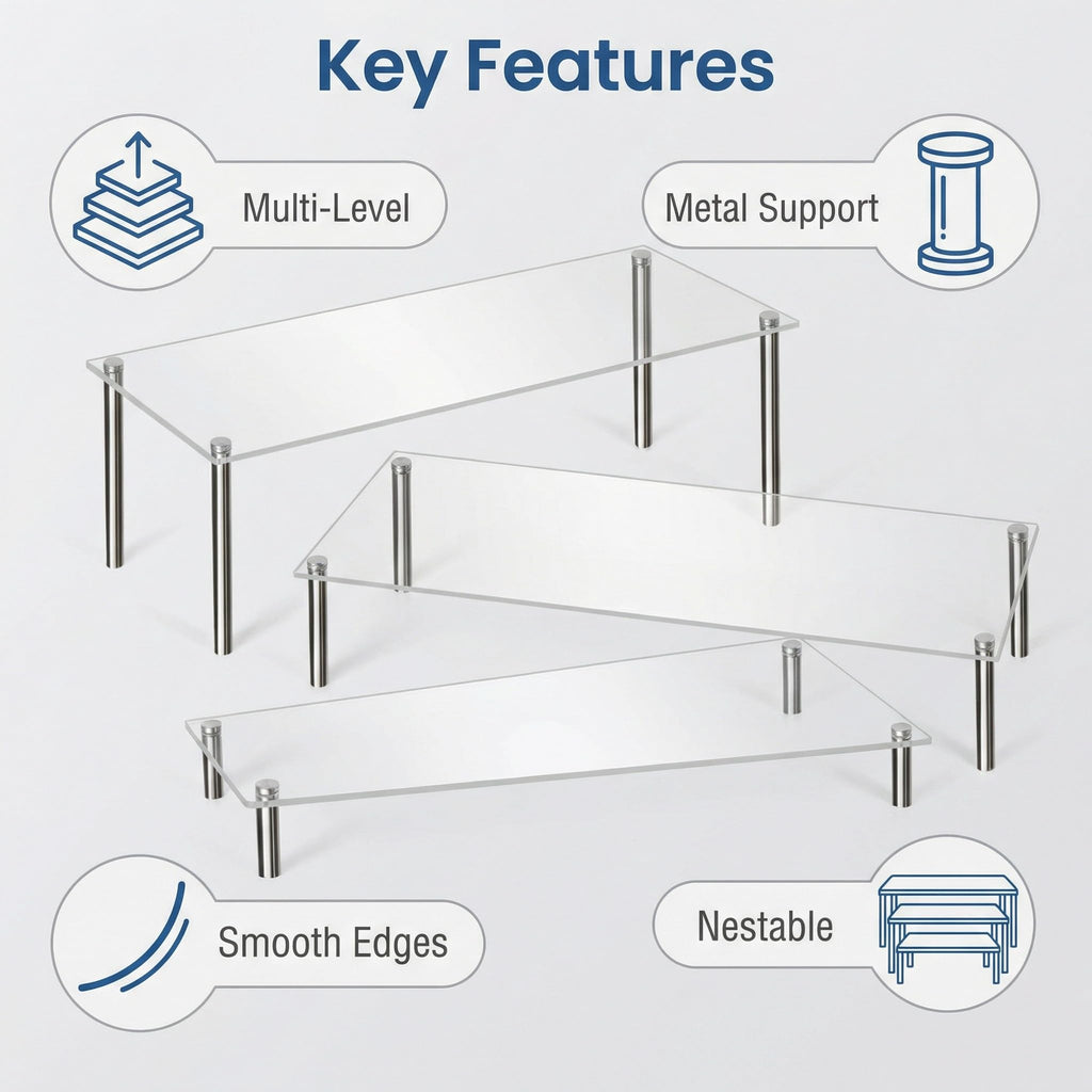Acrylic Display Risers Clear Rectangular Stands with Metal Support Posts for Cake Stand Styling Countertop Tiered Organizer Small Size Transparent One Piece