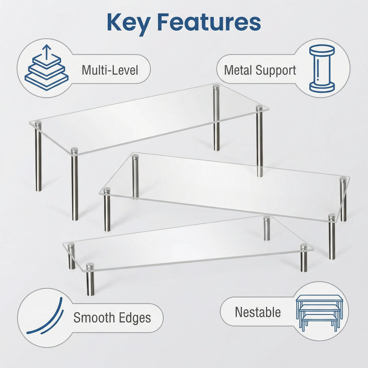 Acrylic Display Risers Clear Rectangular Stands with Metal Support Posts for Cake Stand Styling Countertop Tiered Organizer Small Size Transparent One Piece
