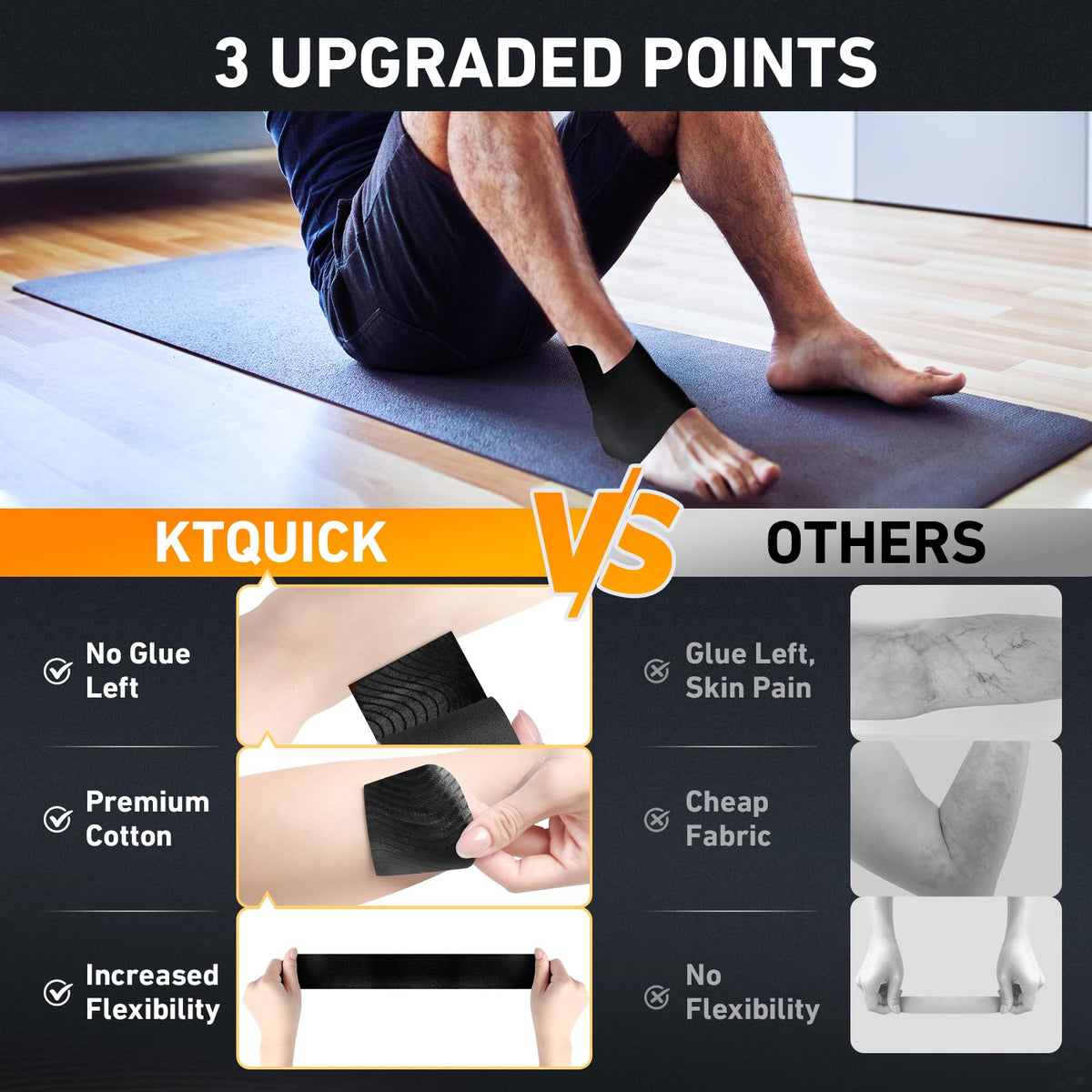 Kinesiology Tape for Ankle, KTQUICK 12 Count Ankle Tape Precut, Original Cotton Waterproof & Breathable, Enhance Elastic Kinesiology Athletic Tape for Ankle Support and Muscle to More Sports (Black) Black