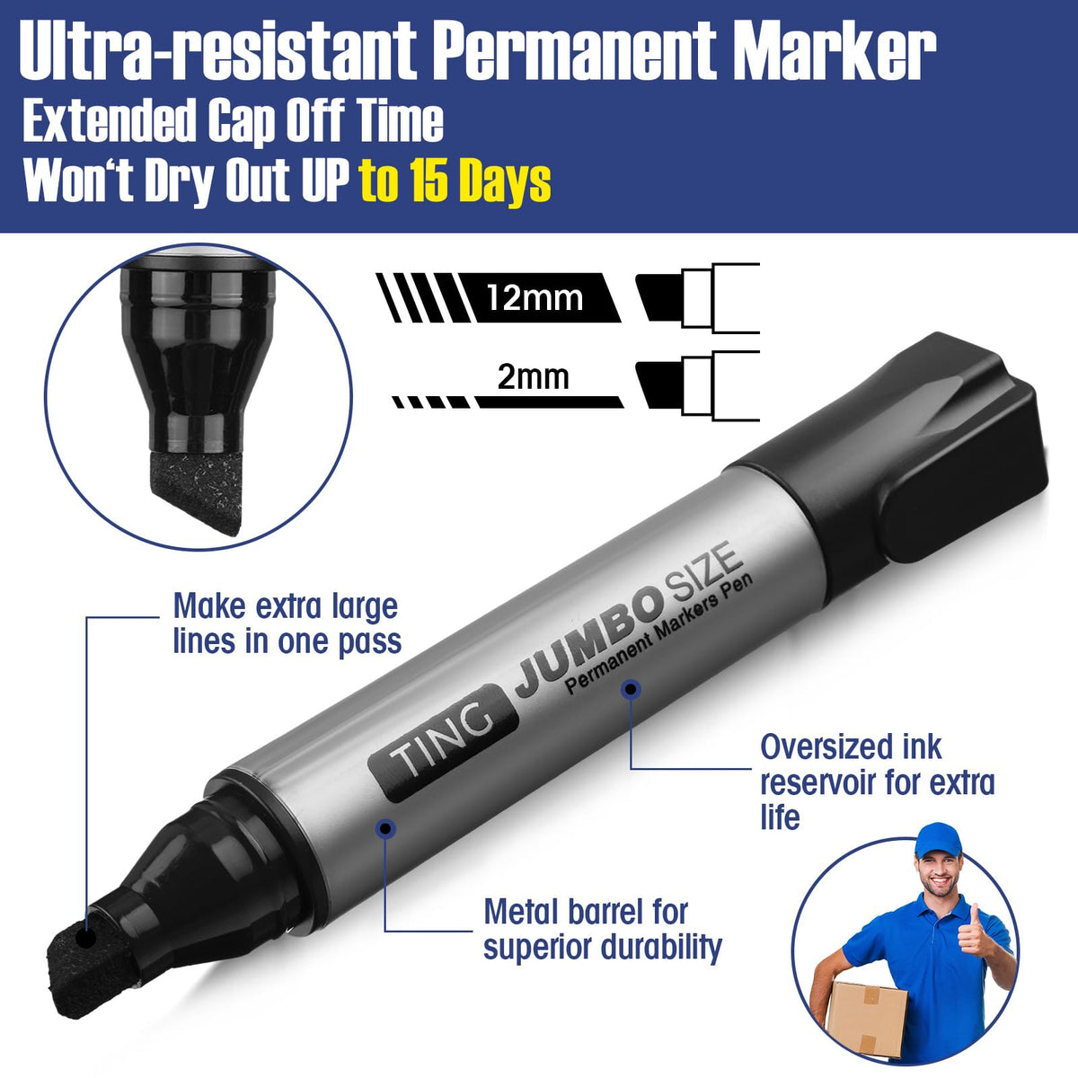 Fuutreo 10 Pack Jumbo Permanent Markers Chisel Tip Quick Dry Black