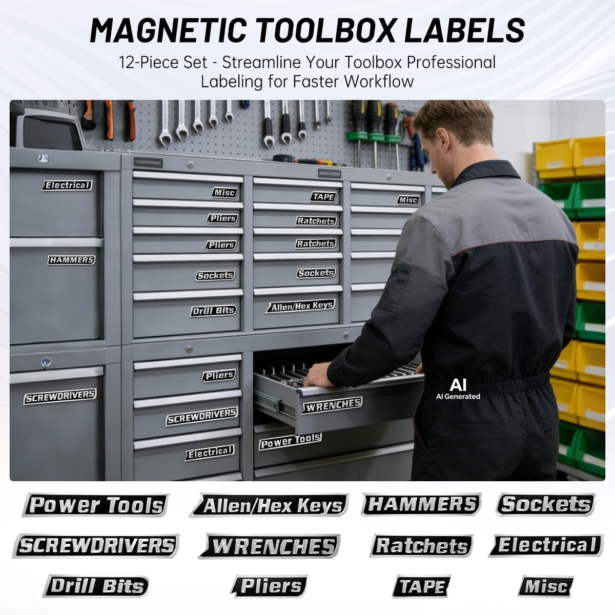 12 Pack Magnetic Tool Box Labels,3D-Printed Magnetic Toolbox Labels,Reusable Tool Box Labels Magnet Accessories,for Steel Toolboxes,Drawers,Carts and Cabinets (Black)