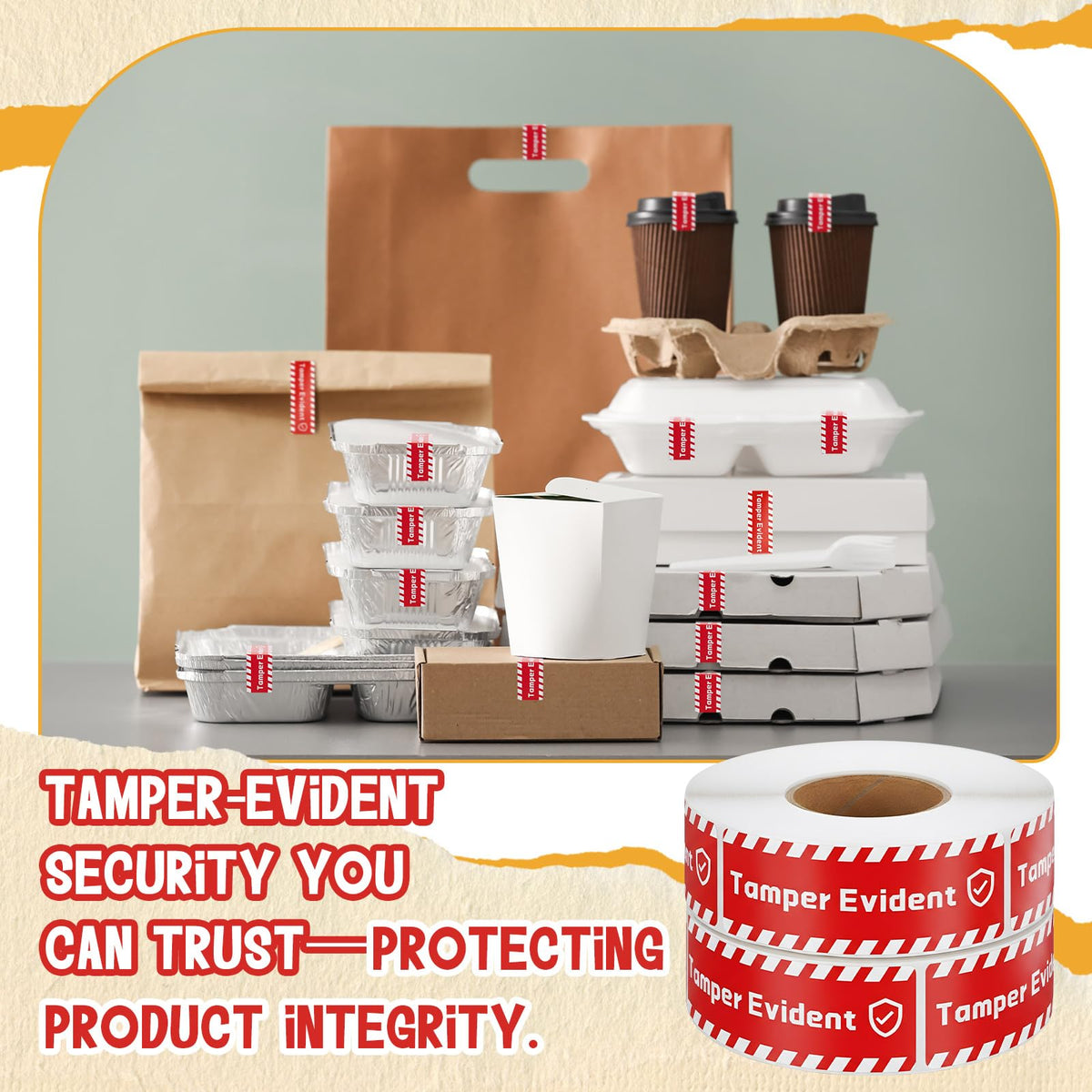 1 roll Tamper Evident Stickers for Food Delivery, 1 x 3, Strong Adhesive for Tamper Detection and Package Protection, Drink Lids Pizza Boxes Container Envelopes, Documents