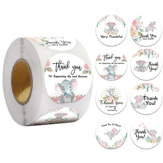 500Pcs Thank You Label Stickers Roll Cute Elephant Envelope Seals Stickers Adhesive 1inch Thank You Very Much for Help Support Round Labels Wrapping Paper for Gift Card Cookie Candy Bag Decor 8 Design G