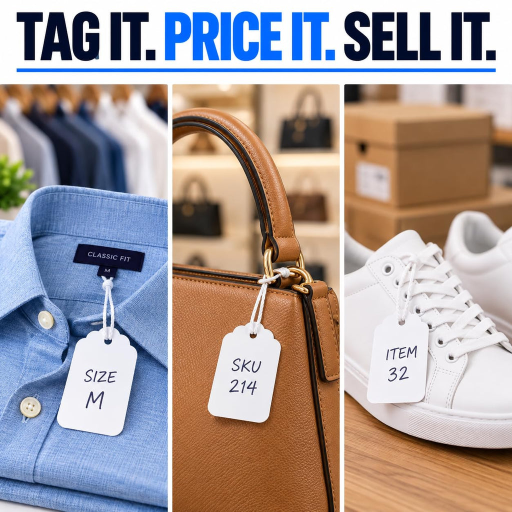 EasyTwelve Price Tags with String Attached, 1000 White Tags, 1.75 x 1.09 in