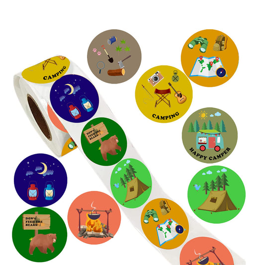 500 Pieces Camper Party Decorations Labels Roll Stickers-Adventure Camping Theme Birthday Supplies Favors Decals