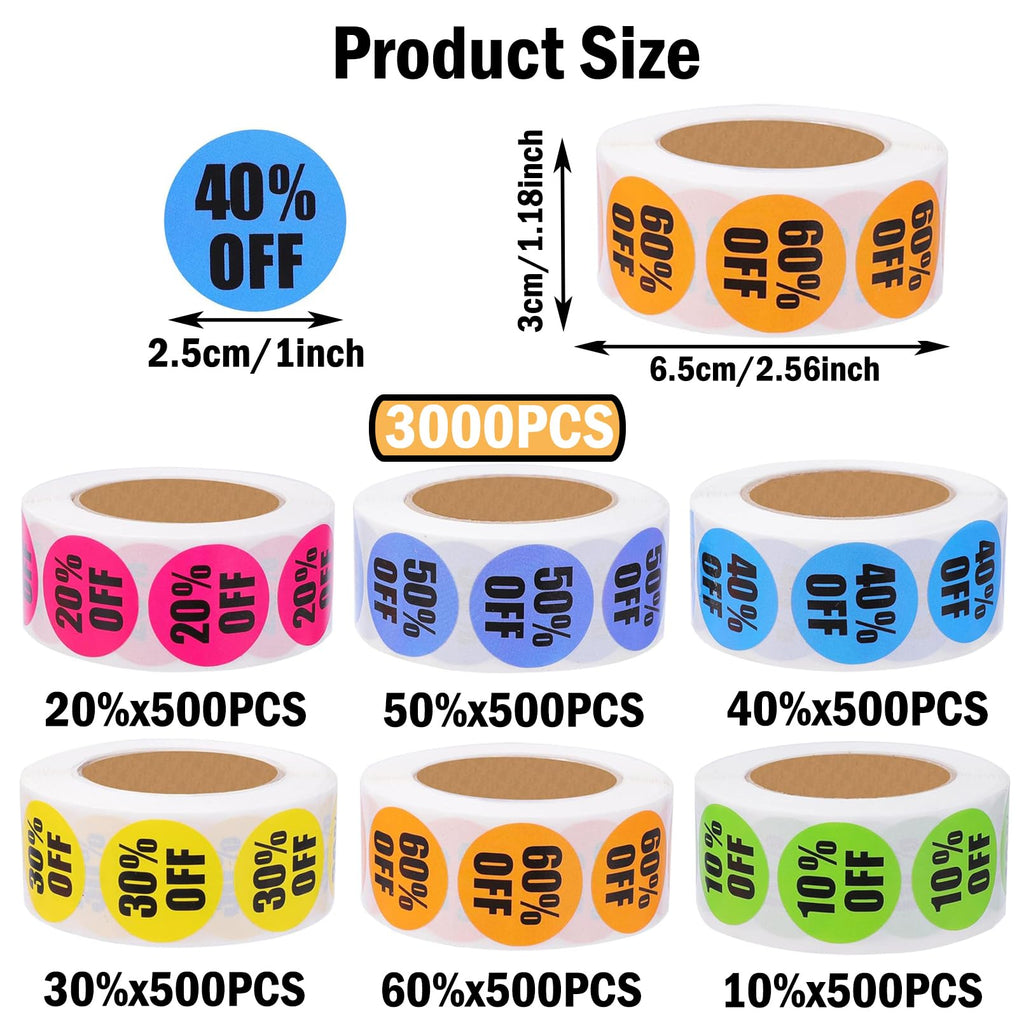 3000Pcs Discount Stickers,1 in Percent Off Sale Stickers,6 Rolls