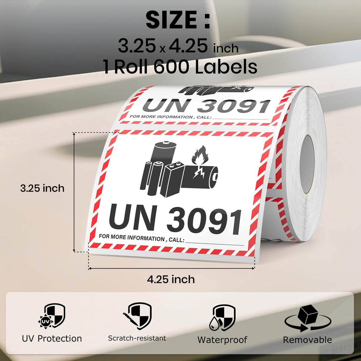 600 PCS UN3091 Lithium Battery Labels 4.25×3.25 Inches Lithium Ion Warning Adhesive Safety Stickers for Shipping