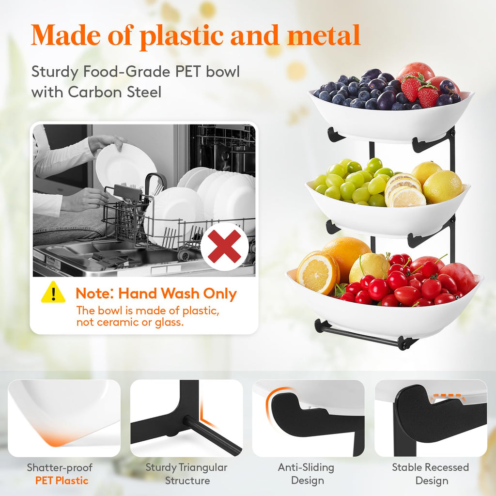 Lifewit 3 Tier Fruit Bowl for Kitchen Counter, Tiered Plastic Serving Tray Black Standard(3 Tier)