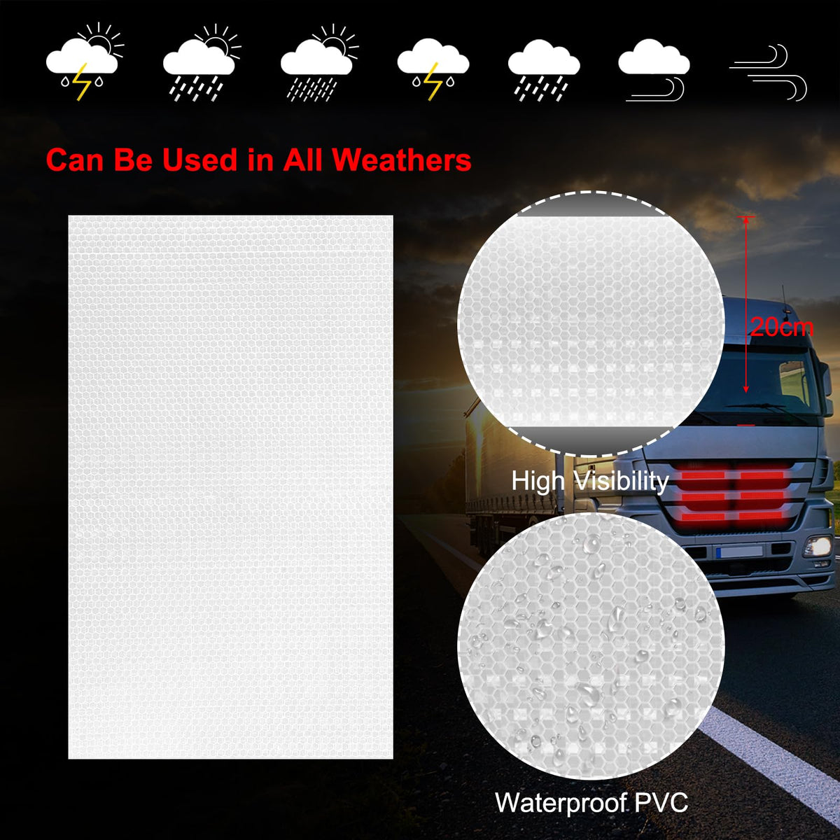 MECCANIXITY Adhesive Reflective Stickers, 12 x 8 Waterproof Safety Reflective Tape Warning Night Reflector Sticker for Bicycles Cars Trailer Mailbox, White Pack of 8
