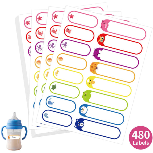 480 Pcs Labels for Kids Stuff Daycare, Waterproof Baby Name Label, Washable Bottle Labels, Reusable Self-Adhesive Tag Stickers for School Essentials, Self-Laminating Write-on Animal