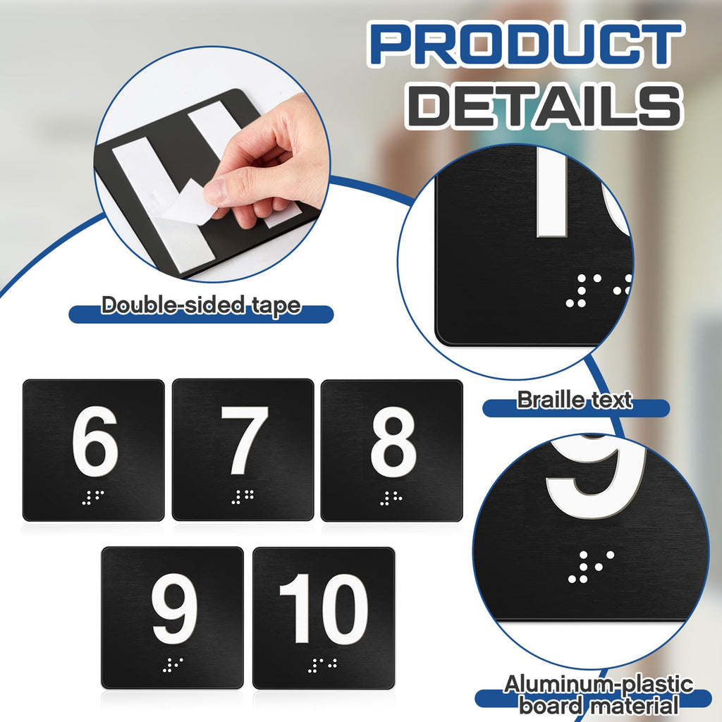 Yaocom 4"x4" Black Exam Room Number Sign Numbers 6-10 Braille for Offices Black/White