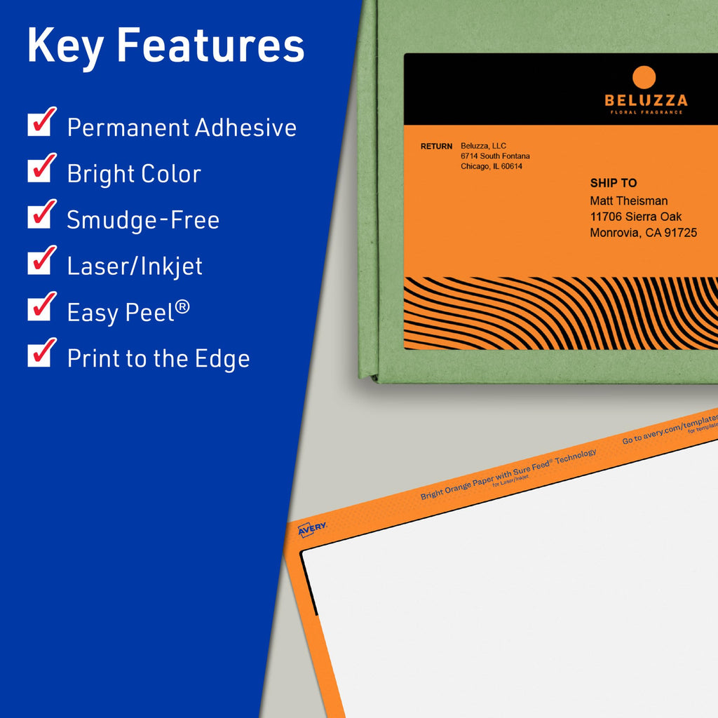 Avery Printable Rectangle Labels, Sure Feed Technology, 4-3/4" x 7-3/4", Bright Orange Labels, Print-to-The-Edge, Laser/Inkjet Printable, 40 Total, Great for Shipping and Packaging 40 labels