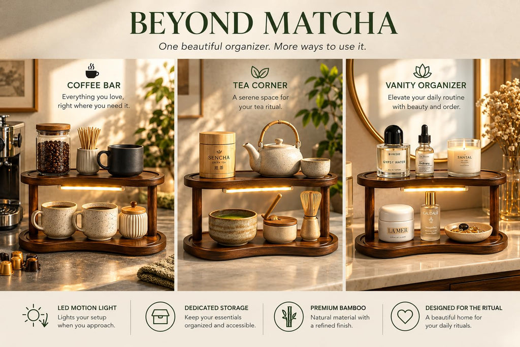 Matcha Station Organizer with Motion Sensor LED Light, 2-Tier Bamboo Matcha Stand Shelf, Countertop Coffee & Tea Station Organizer