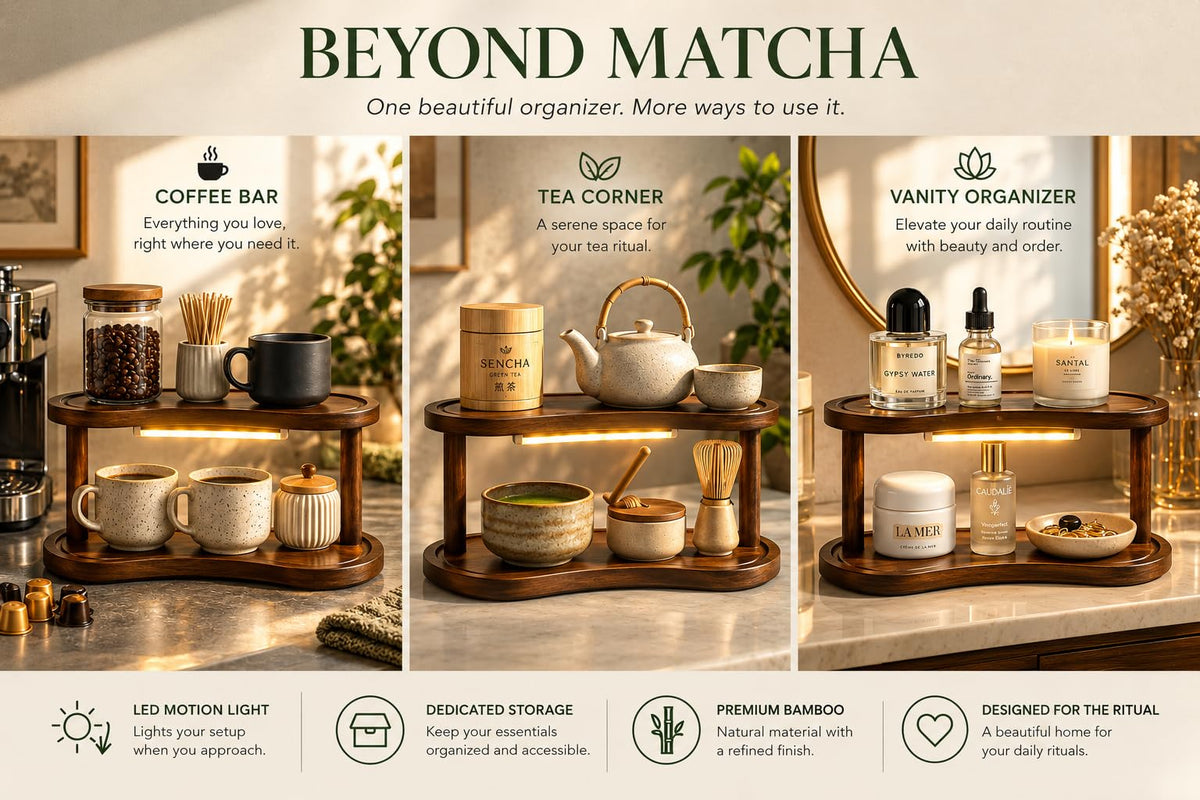 Matcha Station Organizer with Motion Sensor LED Light, 2-Tier Bamboo Matcha Stand Shelf, Countertop Coffee & Tea Station Organizer