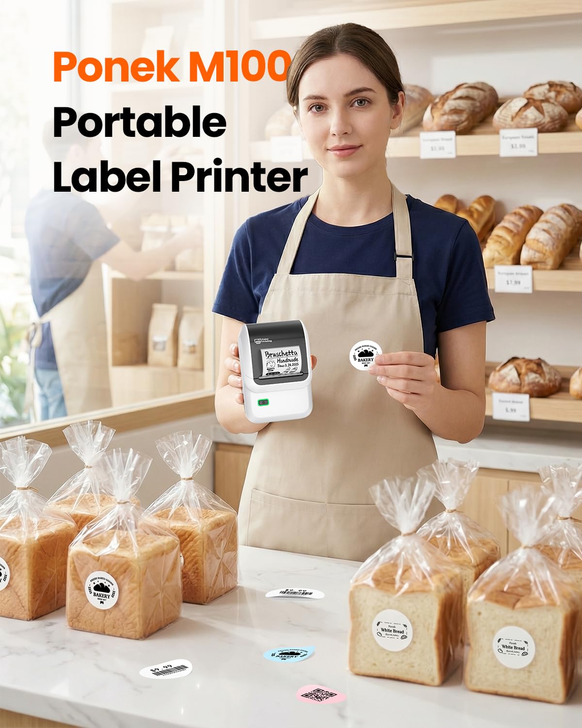 Ponek Label Maker, M100 Address Label Printer, Versatile App with 4000 Icons and 300 Templates, Barcode Bluetooth Label Printer for Small Business, Home, Office, School Organization, White 1 Printer+1 Roll Labels