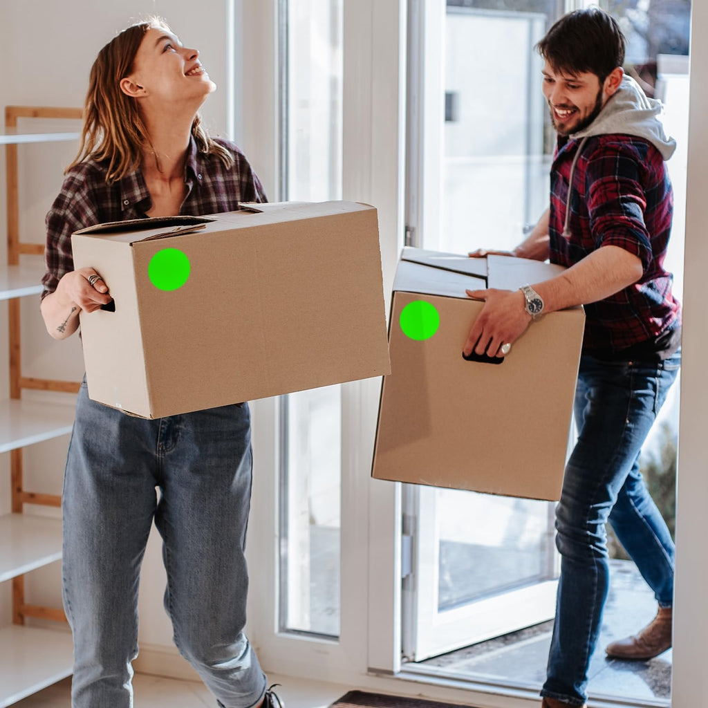 ChromaLabel 3-inch round fluorescent green inventory labels with high visibility color code dots, 100 per pack for warehouse use.