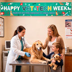 HOWAF Happy Vet Tech Week Banner, Veterinary Technician Appreciation Yard Banner, Dog Cat Paw Print Pet Clinic Outdoor Fence Hanging Sign, Vet Staff Thank You Party Decorations Supplies
