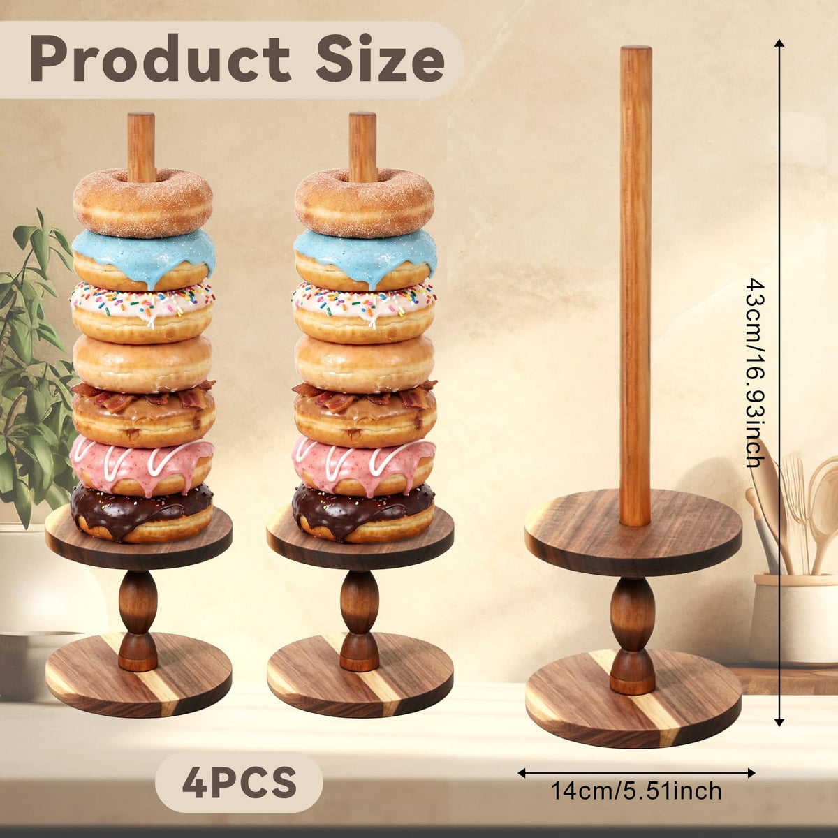 4 Pcs Wooden Donut Stand for Dessert Table Farmhouse Donut Stand