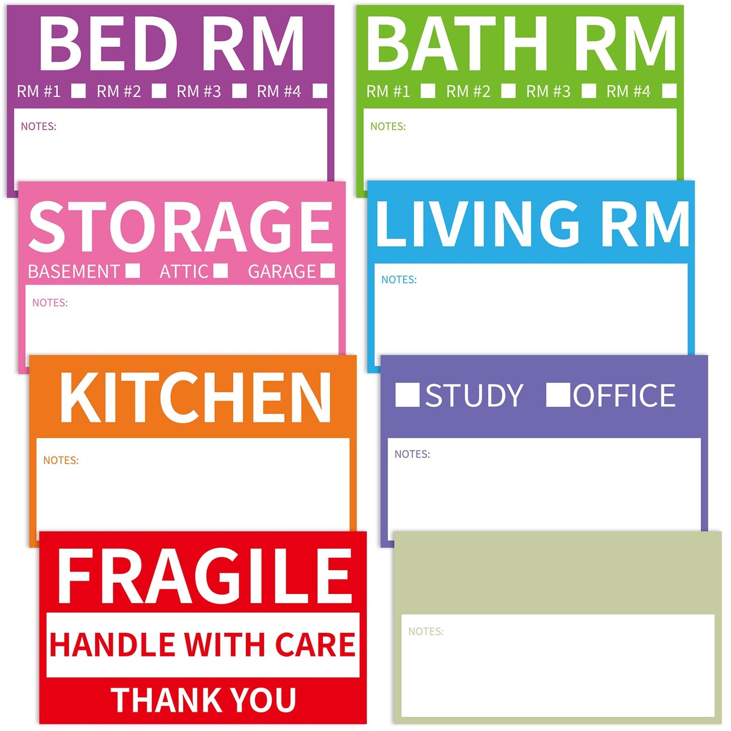 170 Home Moving Labels, 3.4 x 2 inches, 8-Color Coded Packing Box Stickers with Fragile and Blank Customizable Labels 170