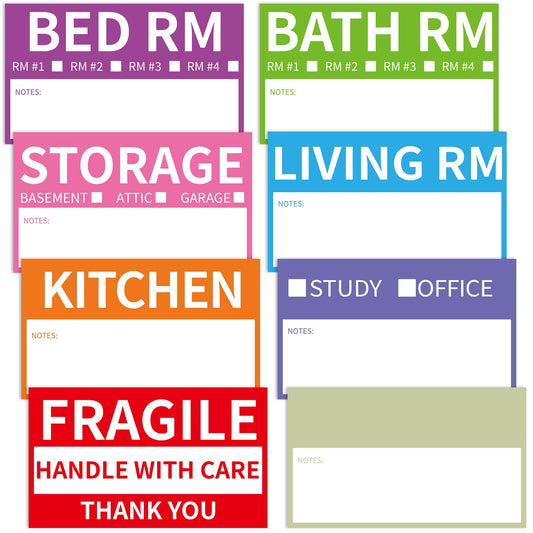 170 Home Moving Labels, 3.4 x 2 inches, 8-Color Coded Packing Box Stickers with Fragile and Blank Customizable Labels 170