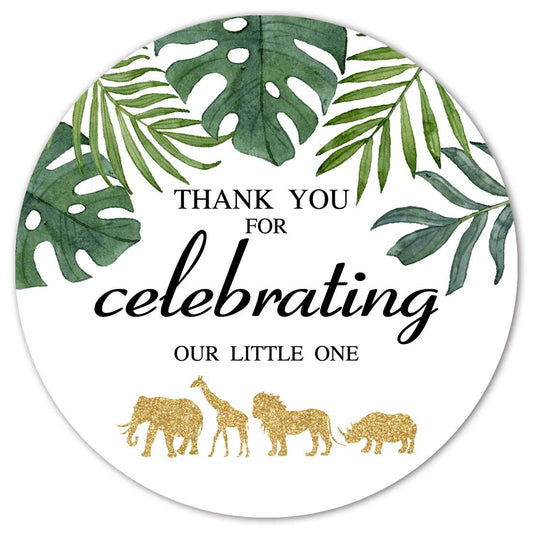 Greenery Safari Jungle Animals Favor Stickers, 2inch Baby Shower Kids Wild One Birthday Party Gold Glitter Labels, 40-Pack