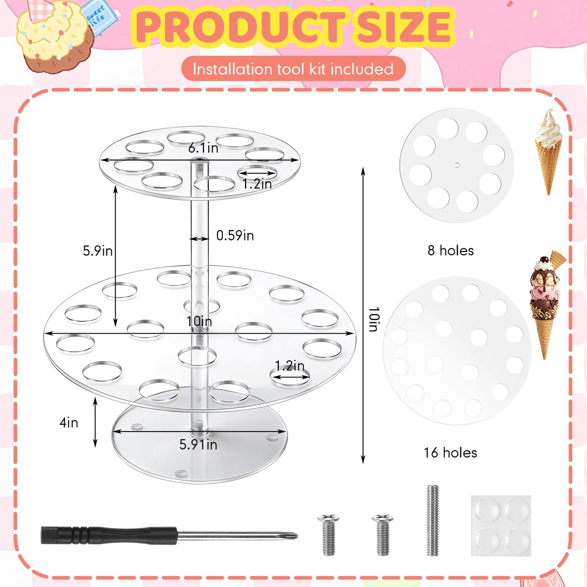 FoldTier 2 Pack Acrylic Ice Cream Cone Holder Stand, 2 Tier with 24 Holes