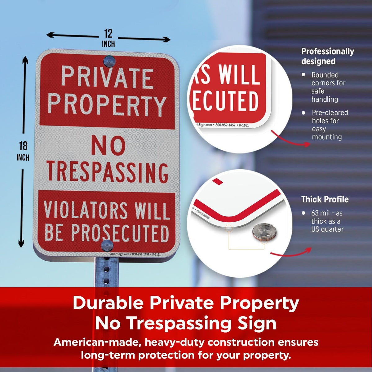 SmartSign Private Property No Trespassing Sign, Violators Prosecuted Sign, 12 x 18 Inches 3M High Intensity Grade Reflective Aluminum, USA Made 12" x 18"