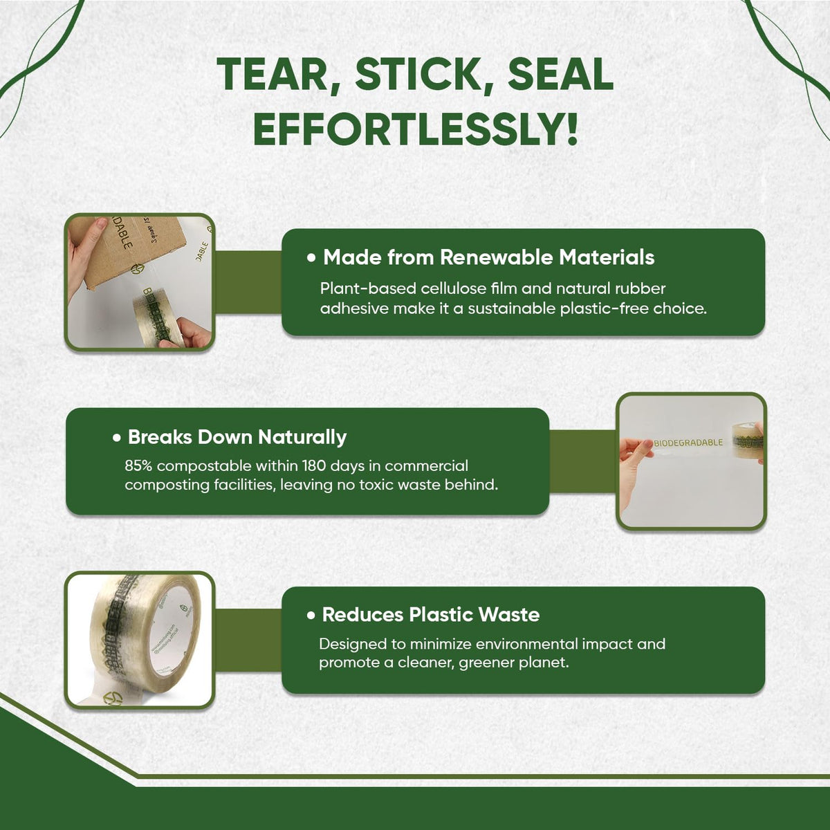 Biodegradable Packing Tape | Plant-Based Cellulose Packaging Tape | Heavy Duty All-Purpose Adhesive for Shipping, Moving, Office, Crafts | Easy-Tear, Low-Noise, Clear - 3pk 1.93 in x 70 yds 1.93 in (Printed) 3