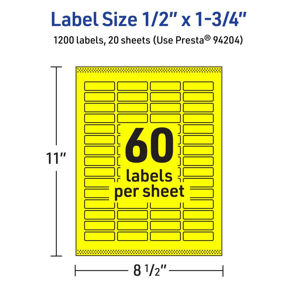 Avery Printable Rectangle Labels, Sure Feed Technology, 1/2" x 1-3/4", Neon Yellow Labels, Print-to-The-Edge, Laser/Inkjet Printable, 1,200 Total, Great for Jars and More 1,200 labels