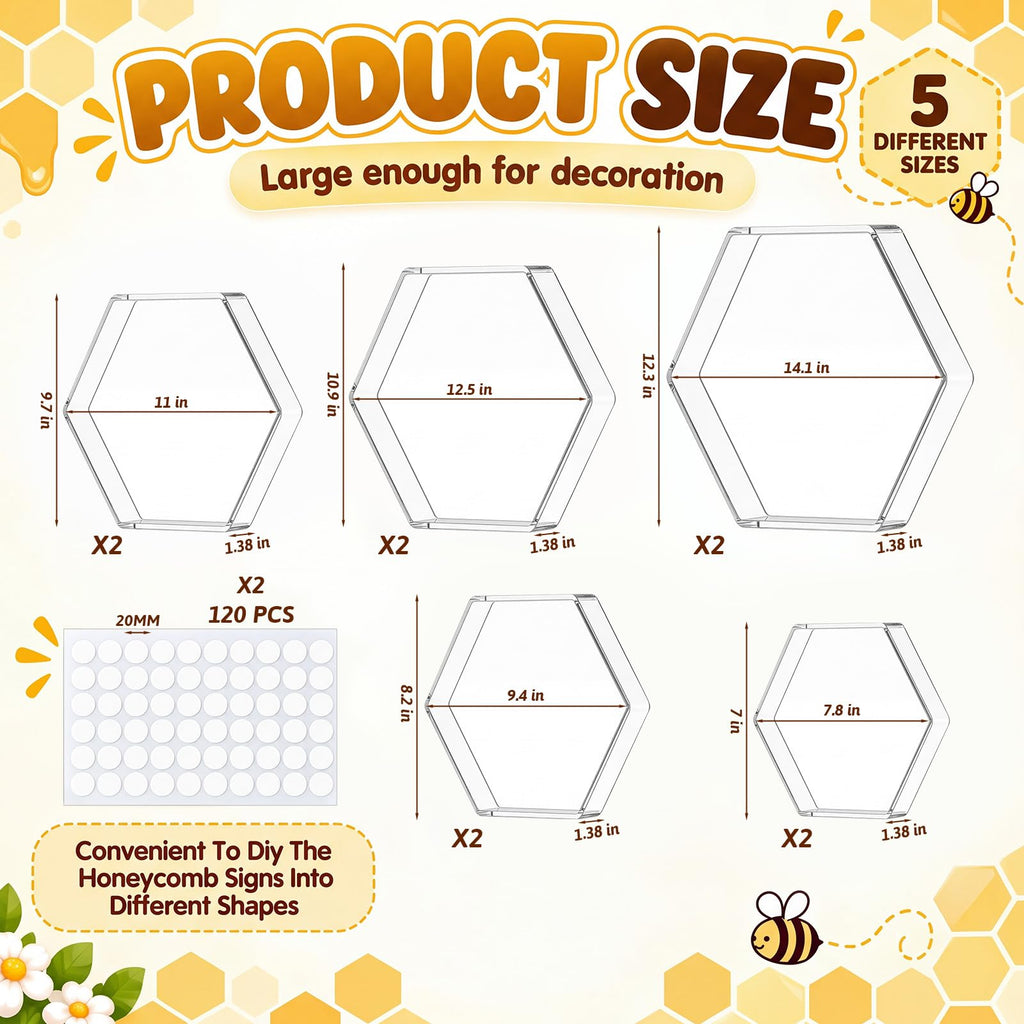 Xuhal 10 Pcs Acrylic Honeycomb Decorations, 5 Sizes Clear Hexagon Stands