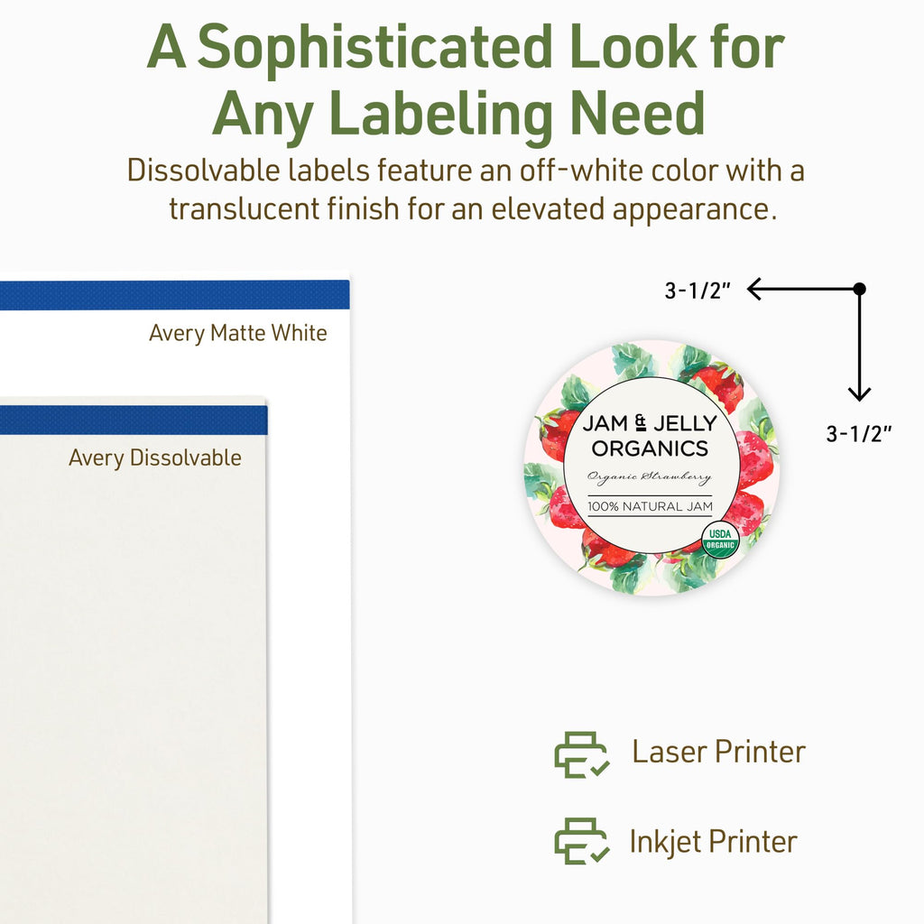Avery Dissolvable Round Labels, Sure Feed Technology, 3.5" Diameter, Matte White, Print-to-The-Edge, Laser/Inkjet Printable, 40 Labels Total