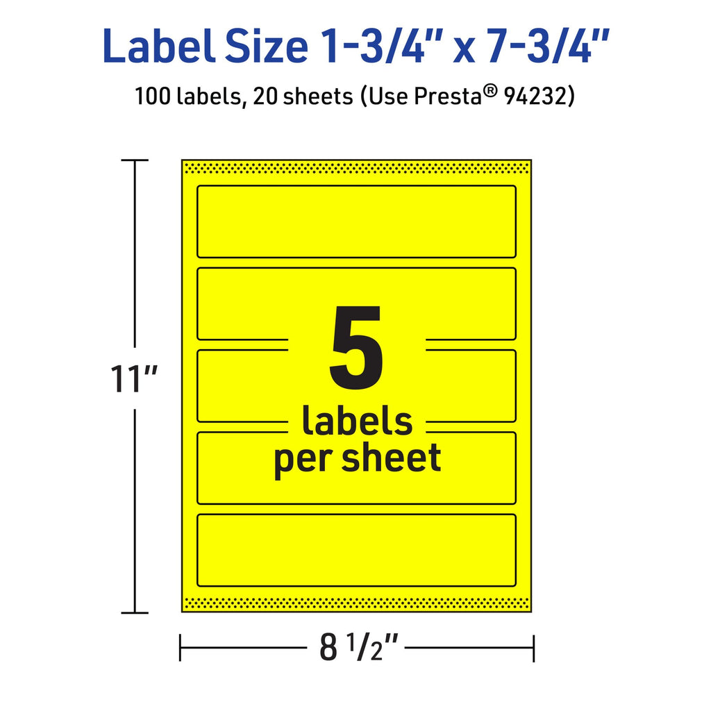 Avery Printable Rectangle Labels, Sure Feed Technology, 1-3/4" x 7-3/4", Neon Yellow Labels, Print-to-The-Edge, Laser/Inkjet Printable, 100 Total, Great for Candles and Jars 100 labels