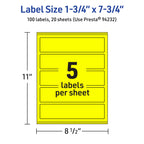 Avery Printable Rectangle Labels, Sure Feed Technology, 1-3/4" x 7-3/4", Neon Yellow Labels, Print-to-The-Edge, Laser/Inkjet Printable, 100 Total, Great for Candles and Jars 100 labels