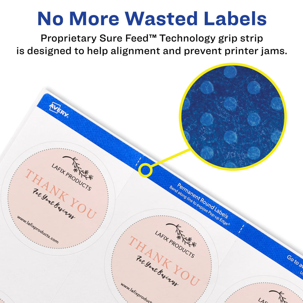 Avery® Printable Labels with Sure Feed®, 22562, Round, 2.5" Diameter, Matte White, 225 Customizable Labels