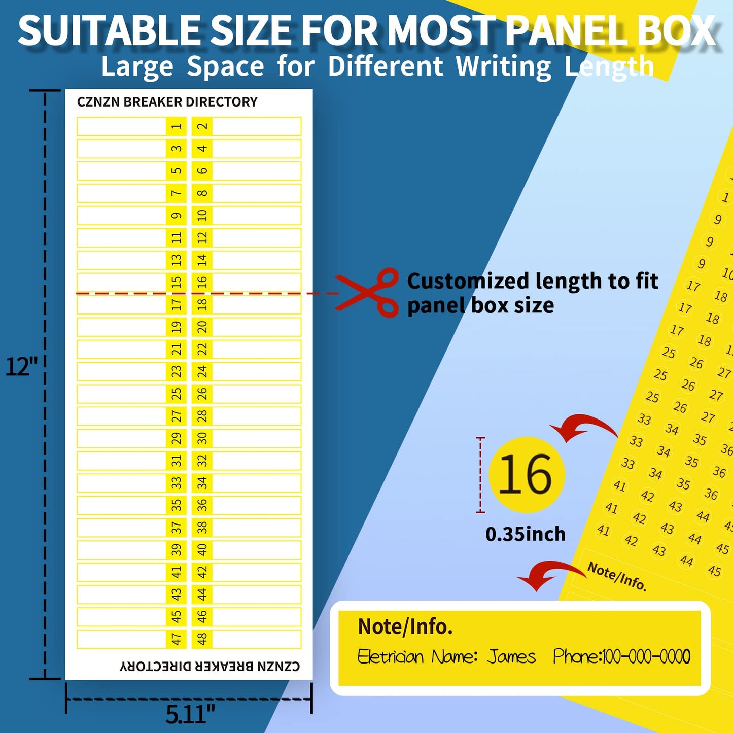 Electrical-Panel Labels Circuit Breaker-Box Stickers - 48*3 Blank Number Directory, Easy Read Adhesive Reusable Sign for Load Center, Switch/Fuse Organizer, Cable/Wire Markers, House/Office/Commercial