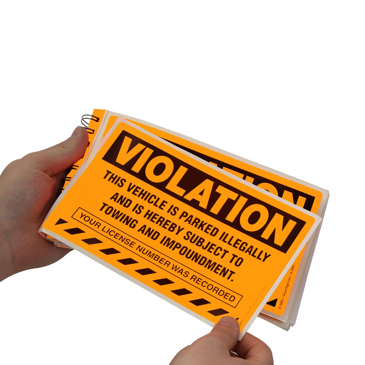 SmartSign (50-Pack) 5" x 8" 'Violation - Vehicle Illegally Parked, Subject to Towing/Impoundment' Parking Stickers with Permanent Adhesive, 4.5 mil Paper, Fluorescent Orange/Black