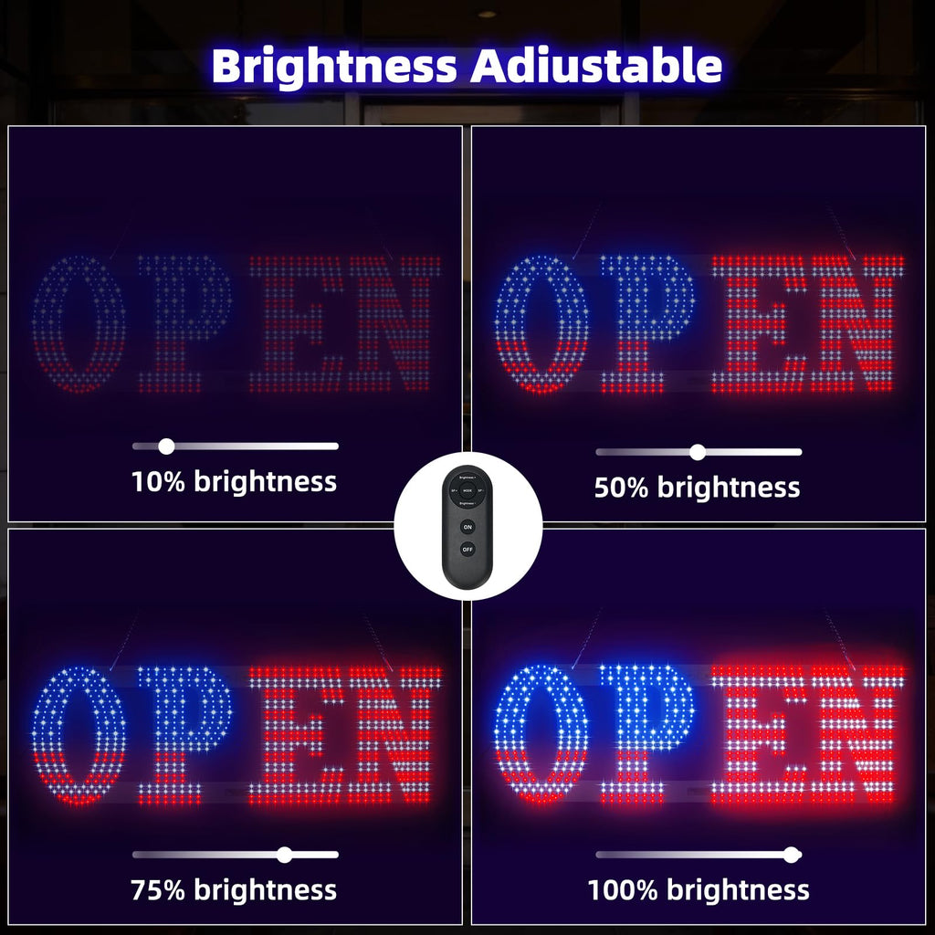 LED Open Signs for Business, HETAIJIE 30" x 10" Large super Bright LED open Sign, Dimmable US Flag Design Storefront Display, 12 Modes Flashing for Shop Bar Cafes Window (High Brightness) 30*10inch
