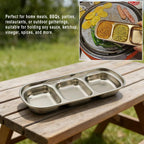 6 Pcs Stainless Steel 3-Compartment Condiment Tray – Korean Style Soy Sauce Dish for BBQ, Banchan, Spices, Salt, Sugar – Stackable Divided Server for Home & Restaurant Use