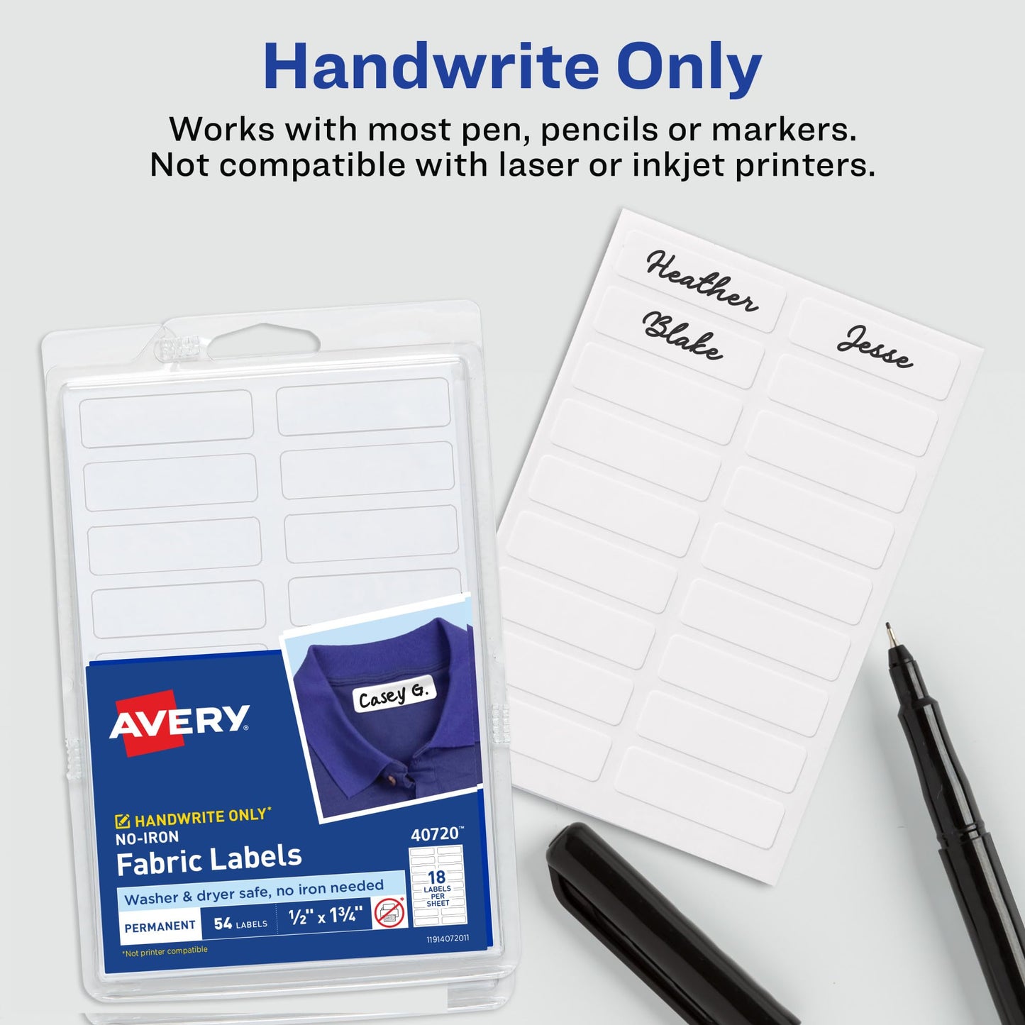 Avery No-Iron Fabric Labels, 1/2" x 1-3/4", Washer and Dryer-Safe, White, Non-Printable, 54 Labels Per Pack, 108 Blank Labels Total (2-Pack of 40720) 108 labels 1/2" x 1-3/4"