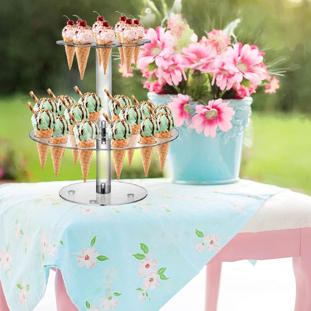 Hacaroa Acrylic Ice Cream Cone Holder, 24 Holes Waffle Sushi Hand Roll Stand Double Layer Cone Display Stand, Clear Food Display Stand Rack for Birthday Parties, Weddings, Christmas, Flower Shape