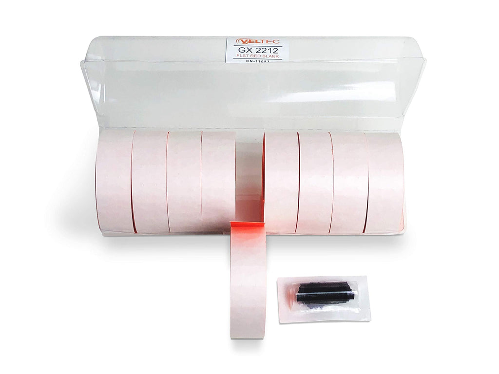 Veltec 2212 Fluorescent Red Pricing Labels for Garvey and Contact 22-6, 22-7, 22-8 Price Gun/Labelers, Free Ink Roller – 9 Rolls, 11,000 Labels with Security Slits