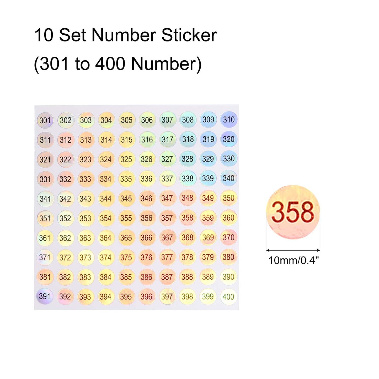 MECCANIXITY Laser Number Stickers, Number 301 to 400 Round Self Adhesive Reflective Sticker for Inventory, Storage Organizing, 10 Sheets(1000pcs)
