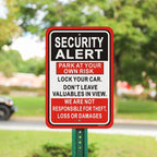 Security Alert Sign Park At Your Own Risk Lock Your Car & Don't Leave Valuables Not Responsible For Theft/Loss/Damages Signs 12x18" For Parking Lot, Business Red / Black / White Señal de Alerta de Seguridad 2 Pack