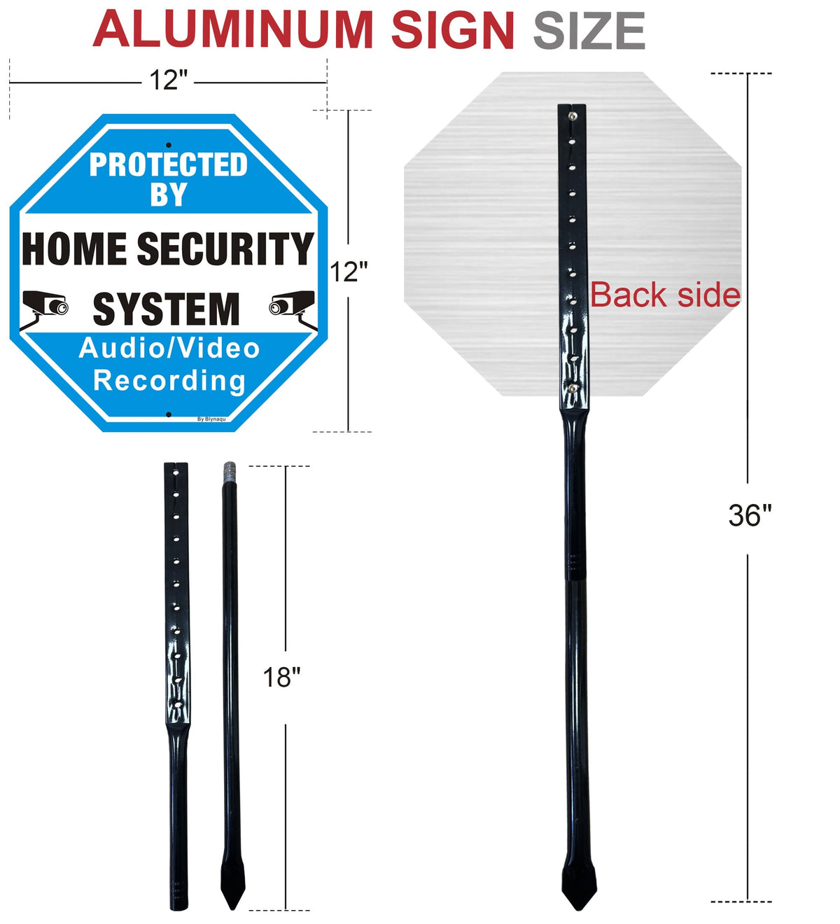2 Pack Protected By Home Security System Signs for Yard, 12" x 12" Aluminum Sign with 36" Metal Stakes, Audio Video Recording Warning Sign, Reflective Aluminum 2Pack with Black Stake