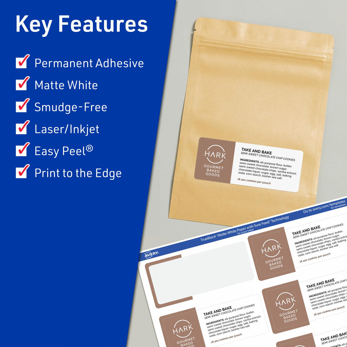 Avery TrueBlock Matte White Rectangle Labels, Sure Feed Technology, 1.5" x 3.75", 500 Matte White Labels, Print-to-The-Edge, Laser/Inkjet Printable, Great for Packaging and Product Merchandising 500 labels