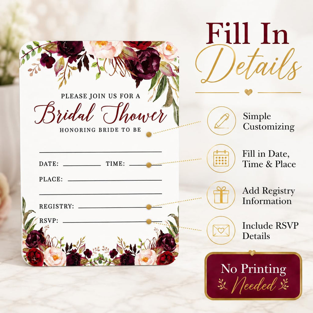 Andaz Press Fall Autumn Burgundy Maroon Floral Flowers, 5X7-Inch Fill in The Blank Bridal Shower Invitations with Envelopes, 24-Pack, Includes Cards & Envelopes Fall Bridal Shower Invitations