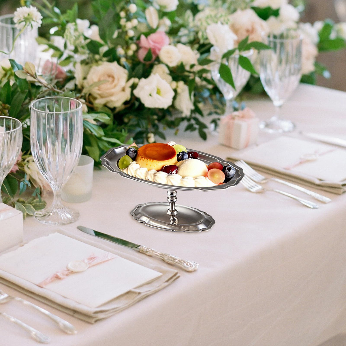 Dessert Platter with Pedestal, 304 Stainless Steel Oval Footed Plate