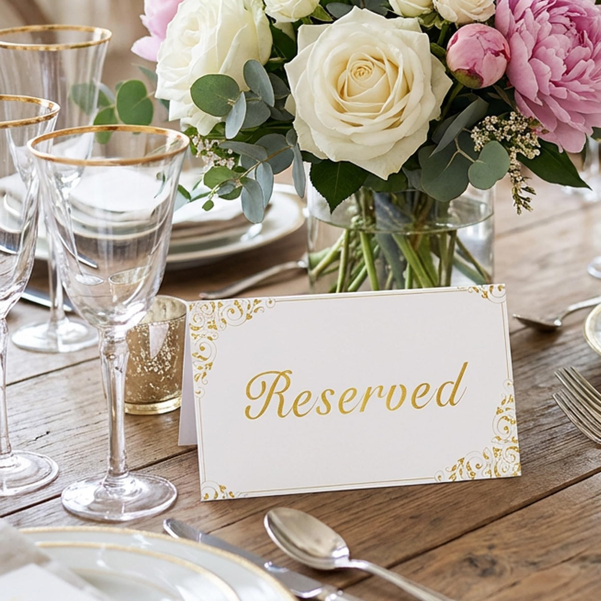 30 Pack Reserved Table Signs, White Reserved Signs with Gold Foil Design