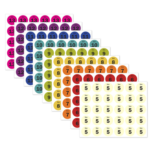 2700 Labels, 0.75 inch, Round - Shoe Size, Shoe Retail Labels, 5 to 13 (No Half-Sizes), Sizing Stickers