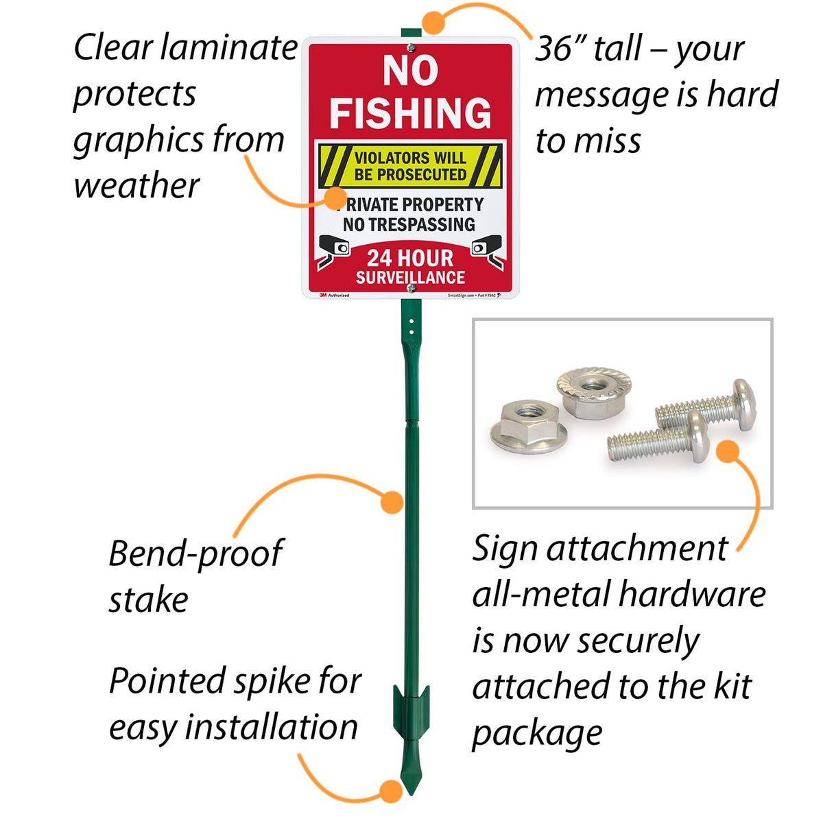 SmartSign 12" x 10" 'No Fishing Violators Prosecuted, Private Property, No Trespassing' Yard Sign with 3 ft Stake, 40 mil Aluminum 3M Laminated Engineer Grade Reflective, Set of 1 Reflective Aluminum Sign with 3' Stake